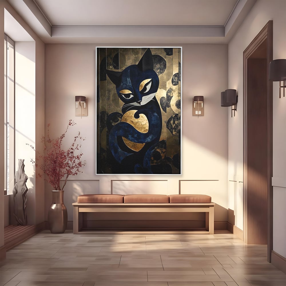 Tablou canvas cu tablou canvas cu pisica neagra si aurie, in rama de aluminiu argintiu
